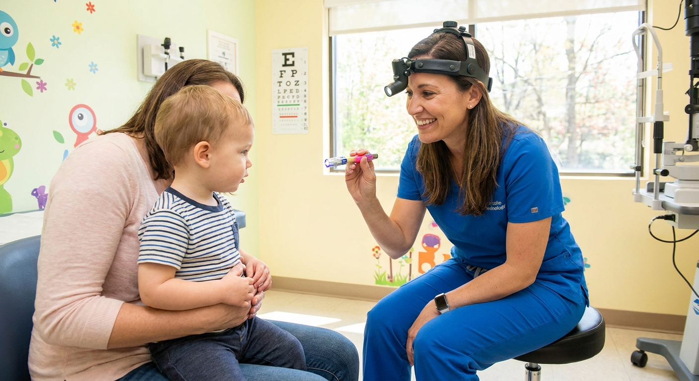 A pediatric eye doctor sitting in a bright exam room while a toddler looks at a small handheld light during a gentle eye check, realistic clinic photo