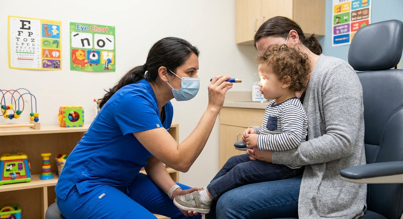 A pediatric eye doctor sitting in front of a toddler using a handheld light to examine the eyes while a caregiver holds the child steady, real clinic photo