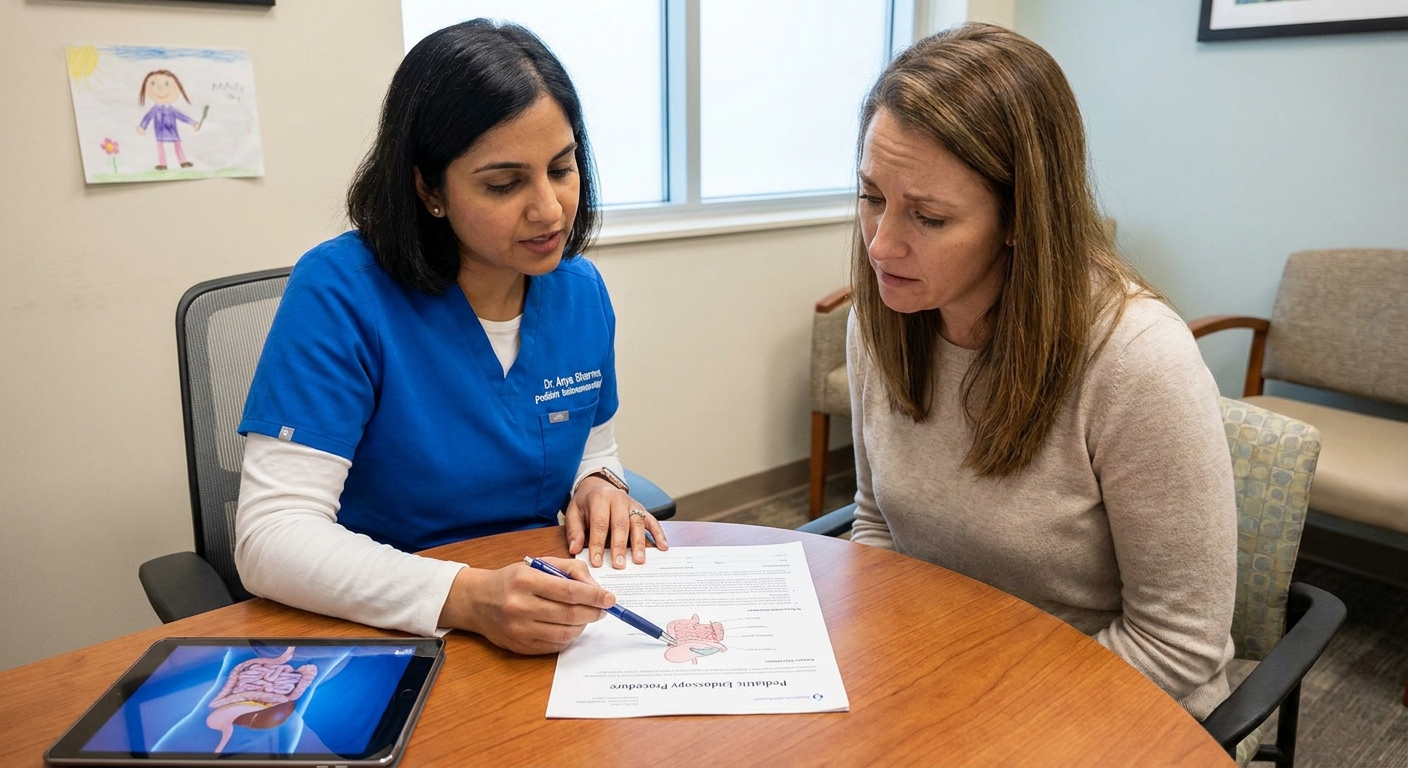 A pediatric gastroenterologist sitting with a parent and pointing to paperwork while explaining an upcoming endoscopy