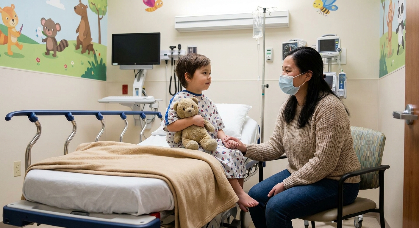 A pediatric hospital pre-procedure room with a small child on a gurney holding a stuffed animal while a parent sits close by, calm clinical setting, real photograph style