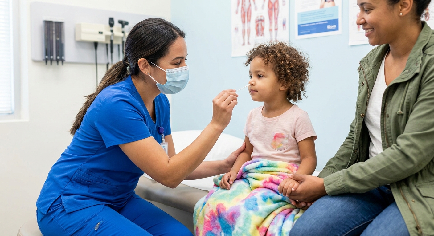 A pediatric nurse in a clinic gently collecting a nasal swab from a calm preschool child while a parent sits nearby, realistic healthcare photography style