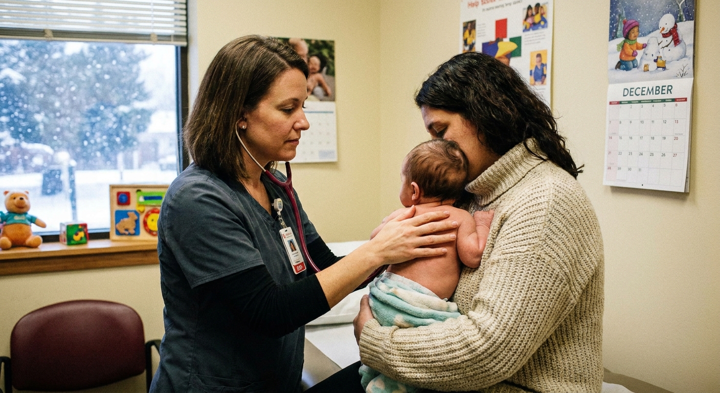 A pediatric nurse in a wintertime clinic exam room gently listening to an infant’s breathing with a stethoscope while a parent holds the baby, candid real-life photograph style