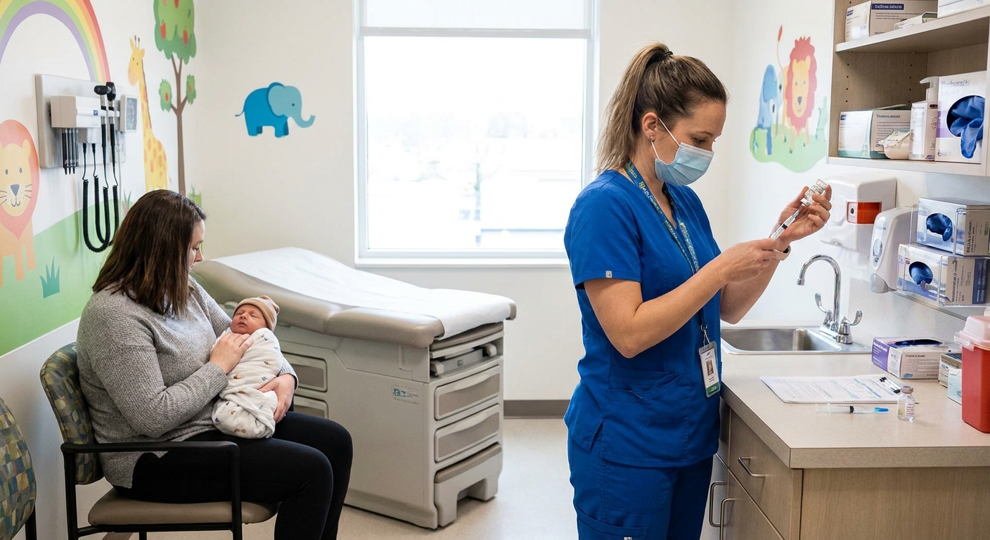 A pediatric nurse preparing a vaccine syringe while a parent holds a calm infant on their lap in a well-lit pediatric exam room, real photo style