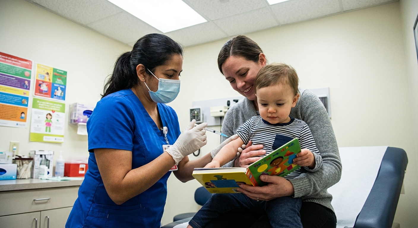 A pediatric nurse preparing to give a flu vaccine to a calm toddler sitting on a parent’s lap in a clinic exam room, candid photorealistic healthcare photo