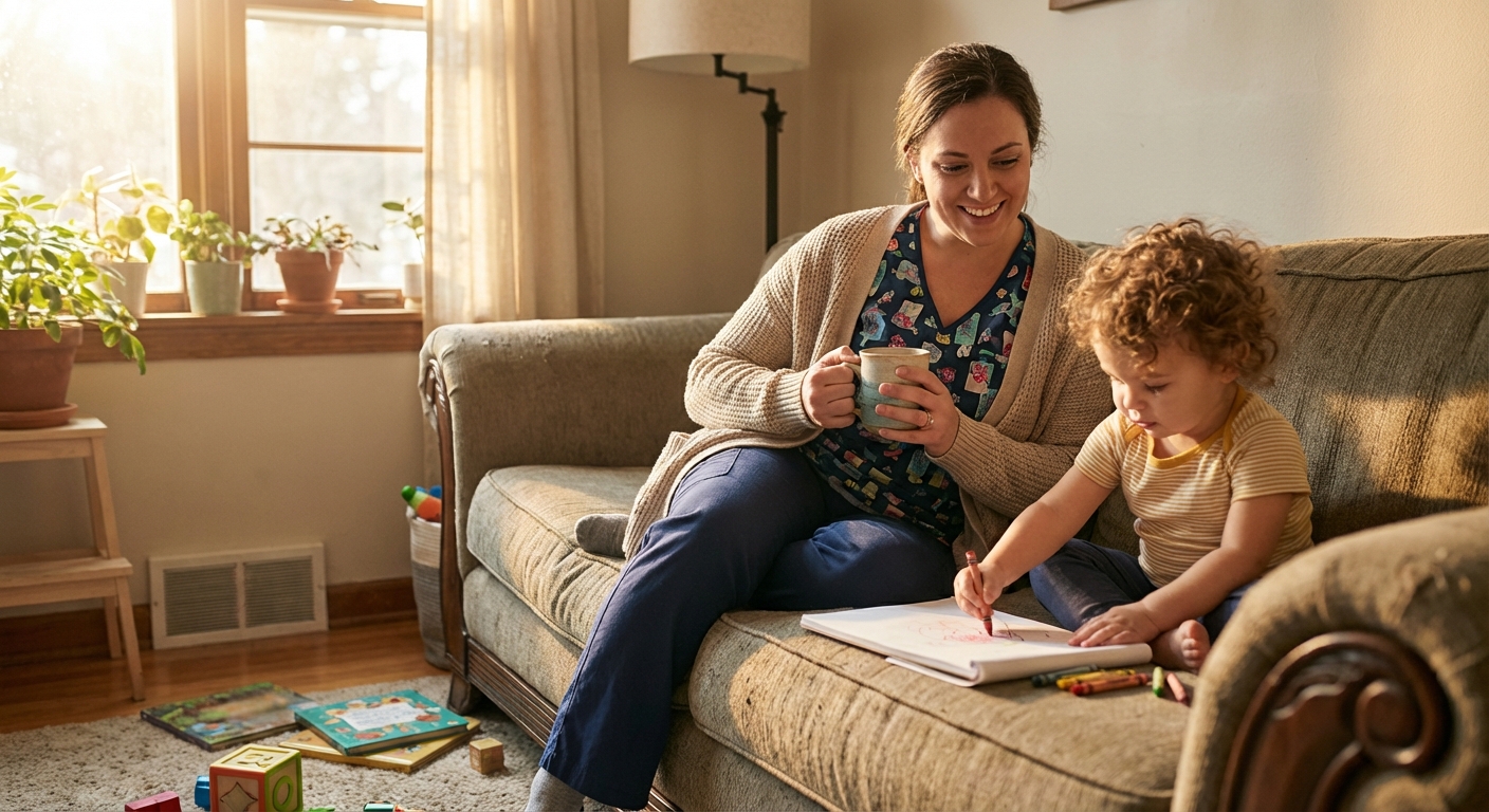 A pediatric nurse sitting on a couch at home with a young child beside her, holding a mug of coffee in warm morning light, candid lifestyle photograph