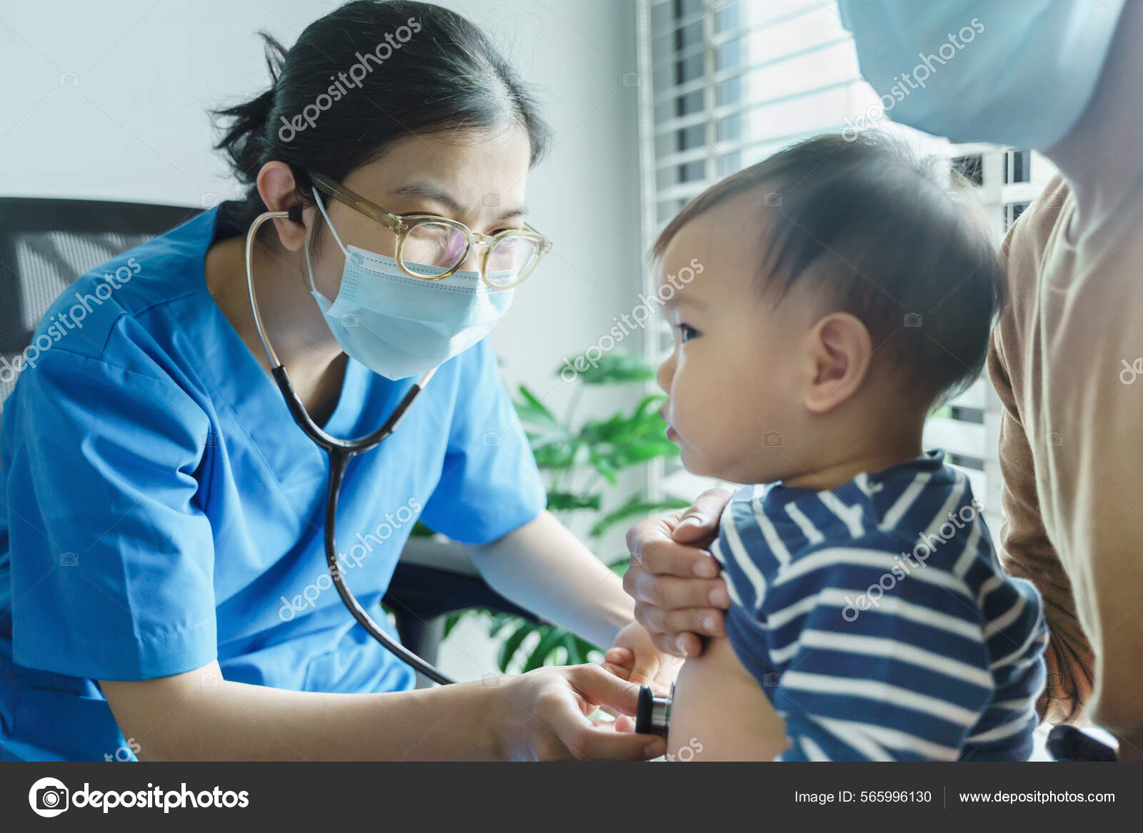 A pediatric nurse using a stethoscope to listen to a calm infant’s breathing while a parent stands nearby in a clinic exam room, realistic photo