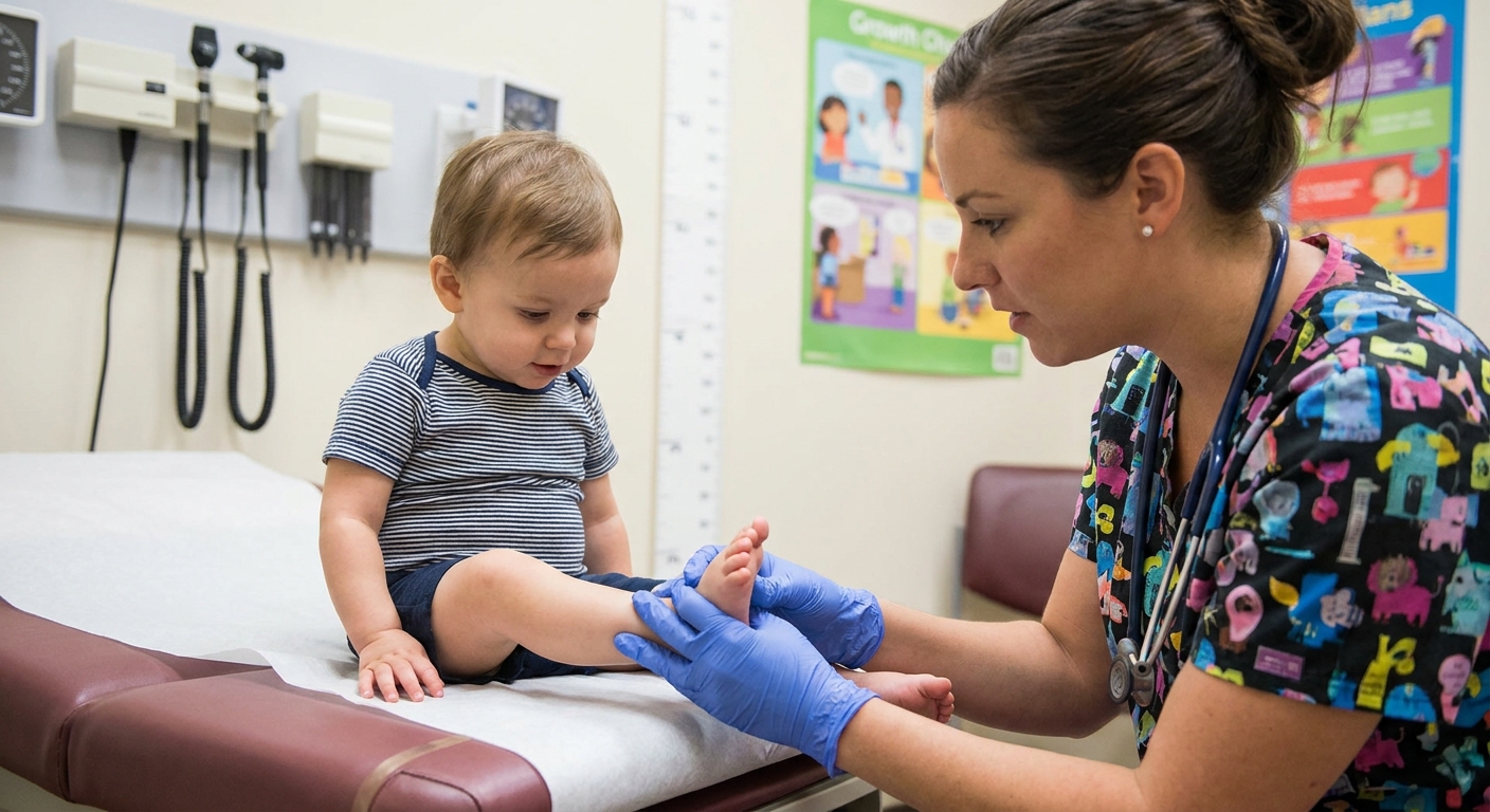 A pediatric nurse wearing gloves examining a toddler’s foot in a clinic exam room