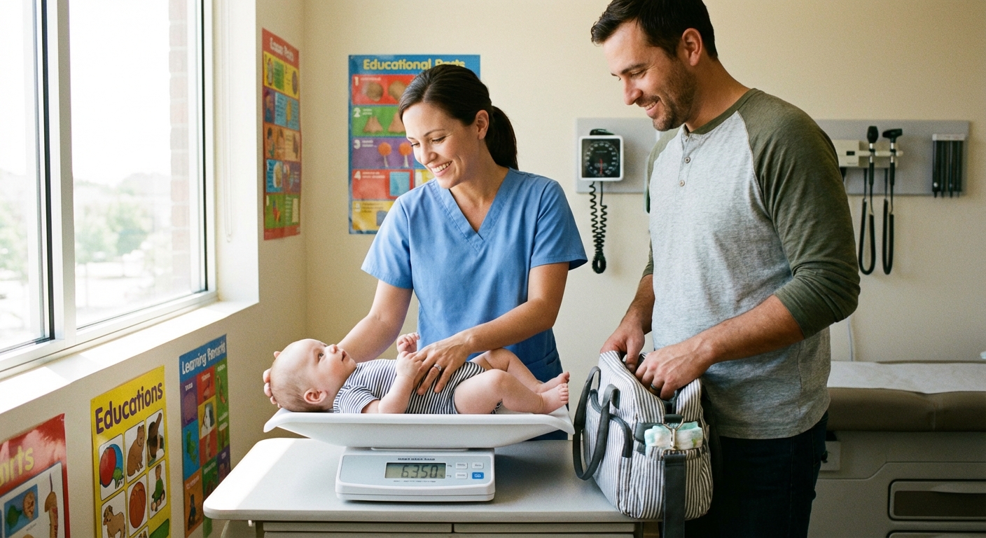 A pediatric nurse weighing a baby on an infant scale in a bright exam room while a parent stands nearby, realistic photo