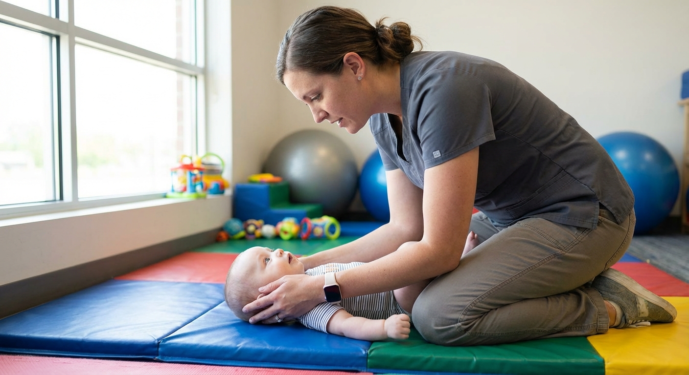 A pediatric physical therapist gently supporting a baby’s head and neck while the baby lies on a padded therapy mat in a clinic room, natural lighting, realistic photo