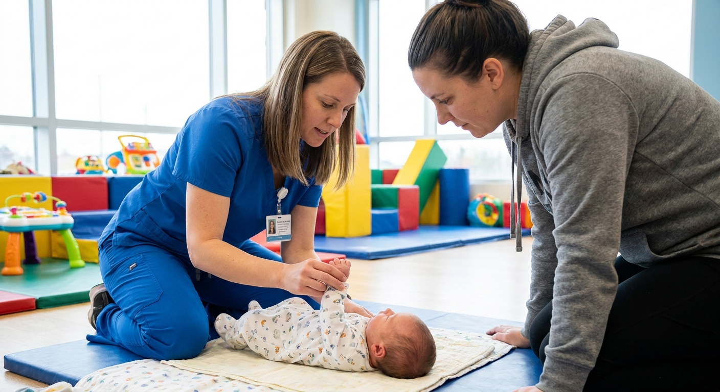 A pediatric physical therapist guiding a newborn's arm through a gentle range of motion while a parent watches closely, bright therapy room, realistic photo