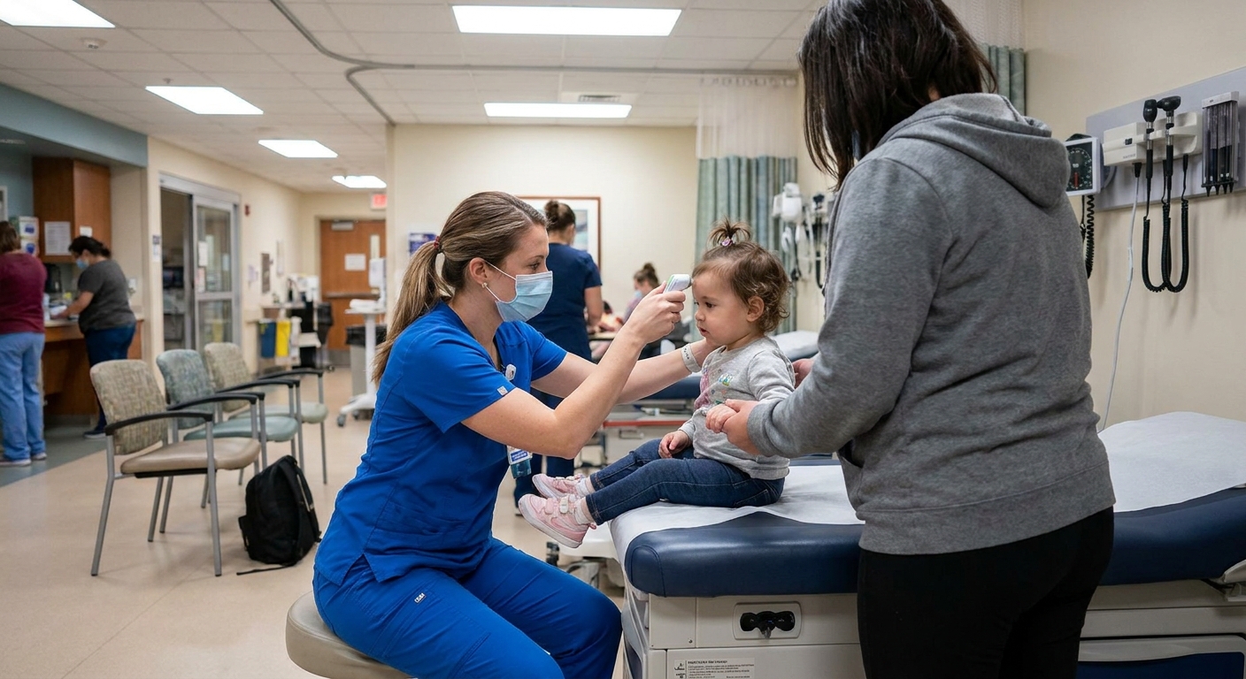 A pediatric triage nurse in an emergency department gently assessing a young child while a parent stands close by, realistic hospital photograph