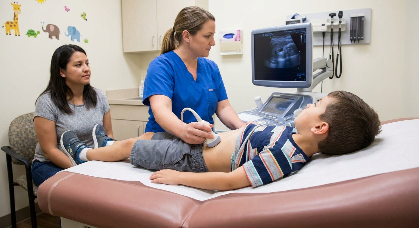 A pediatric ultrasound being performed on a school-age child lying on an exam table while a clinician holds the ultrasound probe on the child's side, realistic clinic setting photo