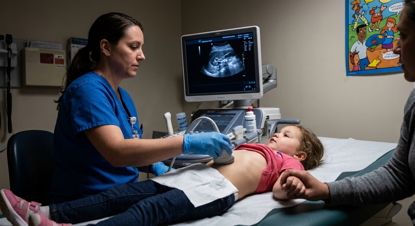 A pediatric ultrasound technician performing a renal ultrasound on a young child lying on an exam table in a hospital imaging room, realistic photo