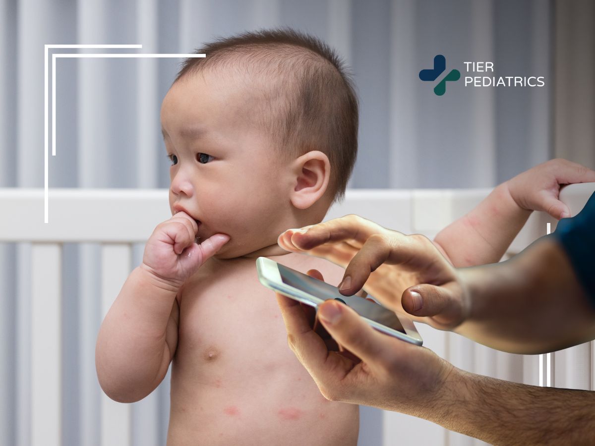 A pediatrician gently examining a child's skin rash on the upper arm in a clinic exam room, real photo style