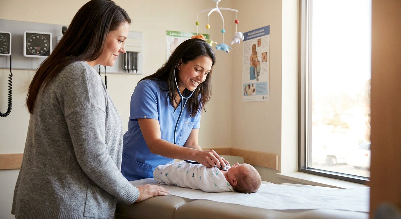 A pediatrician gently examining a newborn on an exam table in a medical clinic, parent nearby, bright natural clinical lighting
