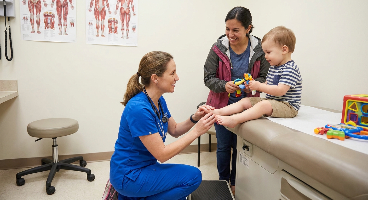 A pediatrician gently examining a toddler’s legs and feet on an exam table while a parent stands nearby, clinical exam room, documentary photo style