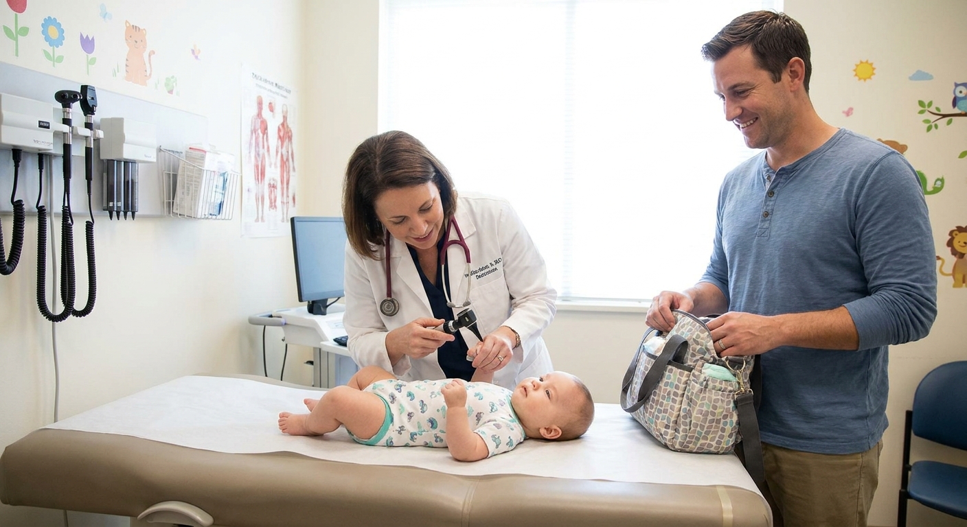 A pediatrician in a clinic exam room gently examining a calm infant on an exam table while a parent stands nearby, realistic medical office photo