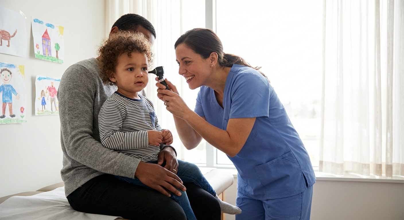 A pediatrician in a clinic gently examining a toddler with an otoscope while the parent holds the child on their lap, bright natural clinic lighting, realistic photo
