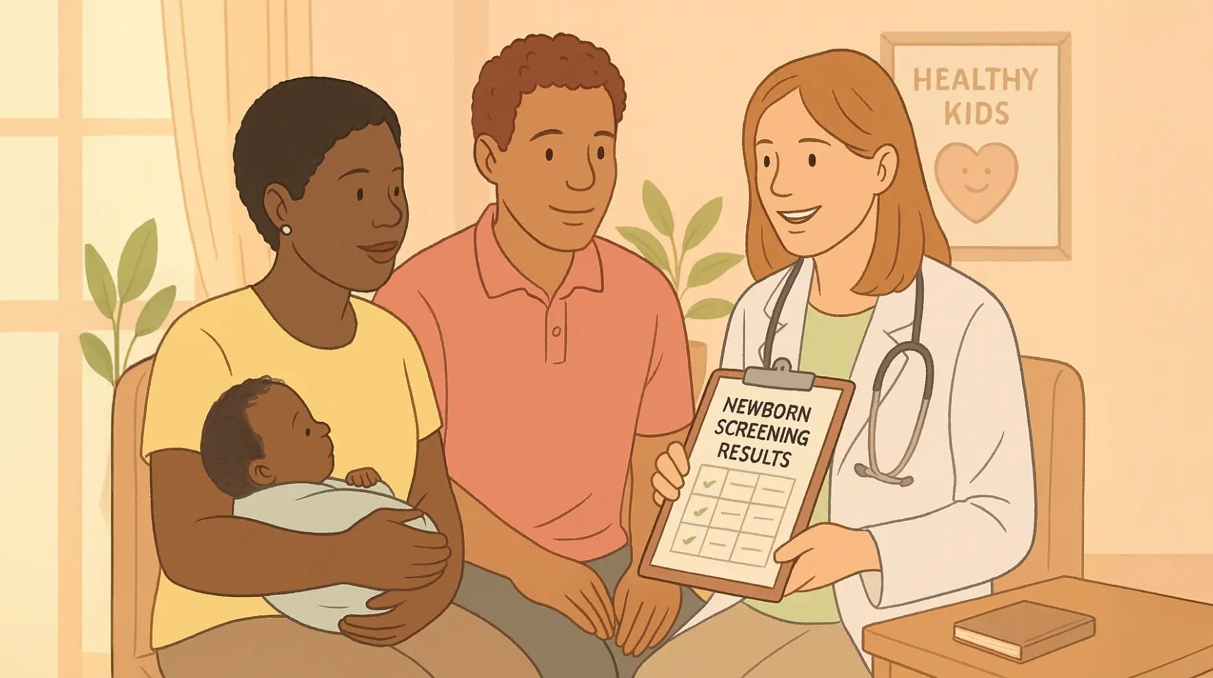 A pediatrician in a clinic office speaking on the phone while looking at a newborn lab report, realistic photojournalism style