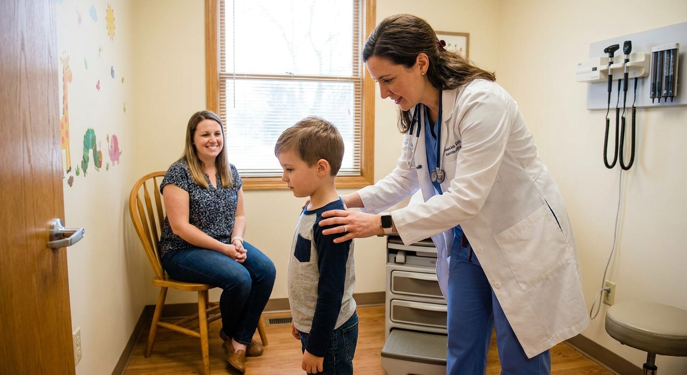 A pediatrician in a clinic room gently observing a school aged child’s back posture while the parent sits nearby, warm realistic medical visit photo