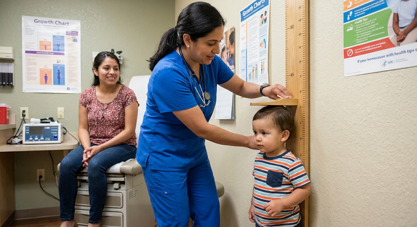 A pediatrician measuring a young child's height with a wall stadiometer during a well-child visit, clinic setting, candid medical photo style
