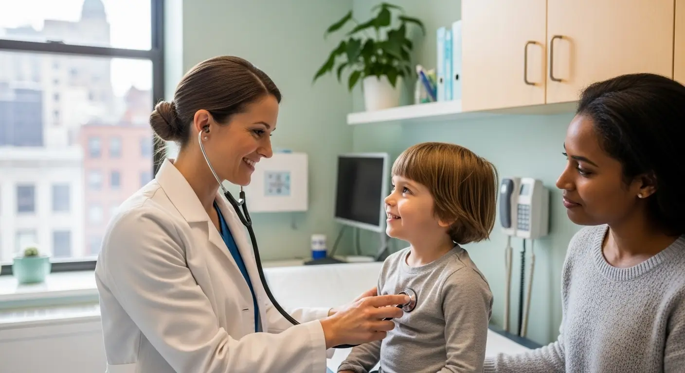 A pediatrician sitting in an exam room talking calmly with a parent while a school aged child sits on the exam table, natural clinical photograph