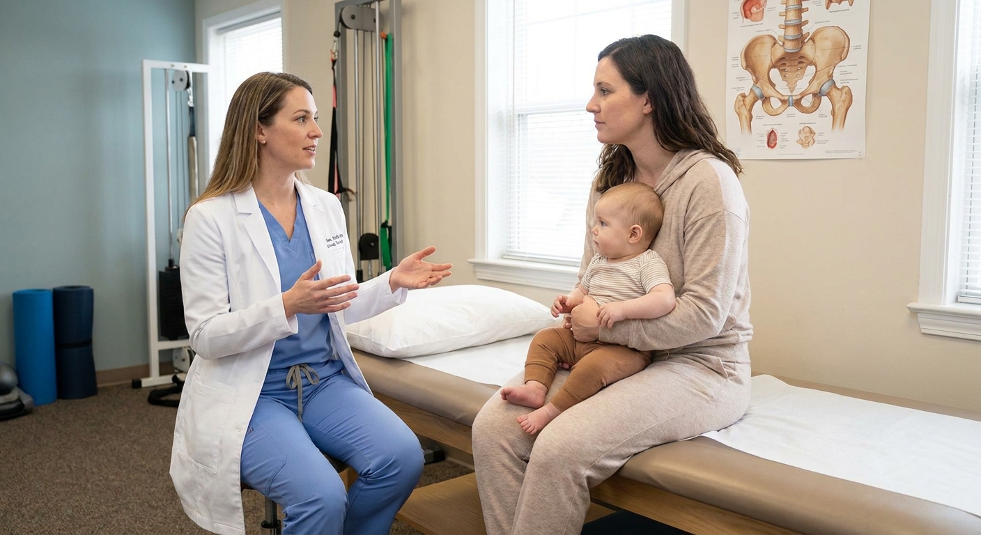 A pelvic floor physical therapist in a clinic room speaking with a postpartum parent seated on an exam table, realistic photo
