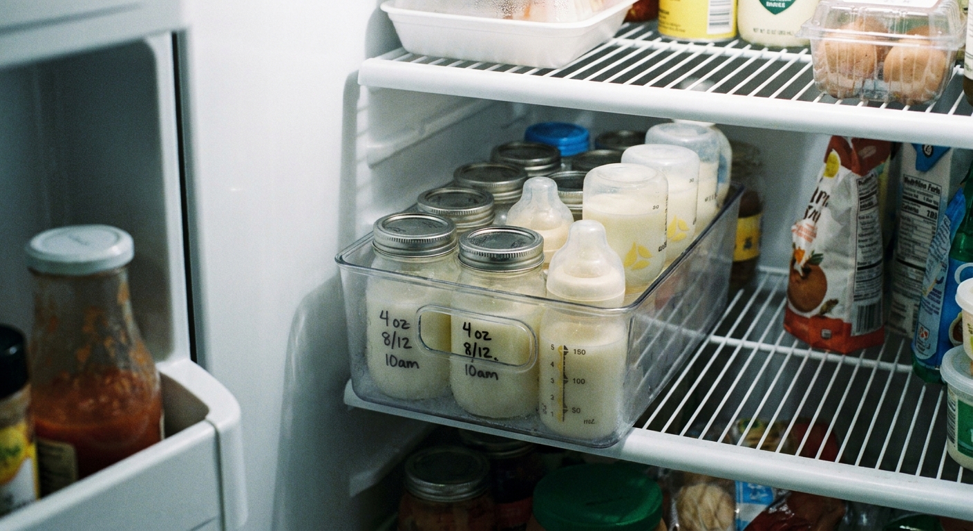 A photo of several capped bottles of expressed breast milk arranged in a small bin on the back shelf of a refrigerator, away from the door