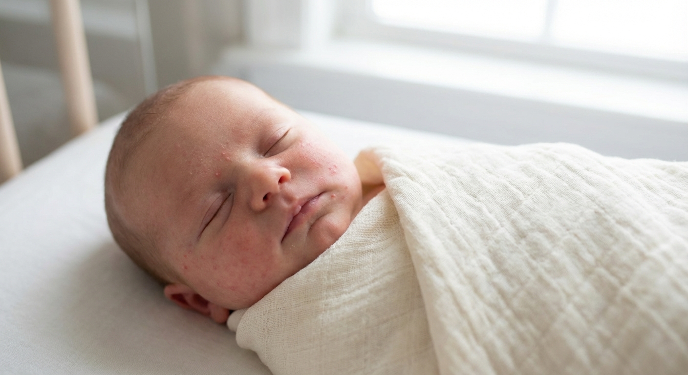 A photograph of a newborn with small red bumps and mild irritation on both cheeks in soft indoor light