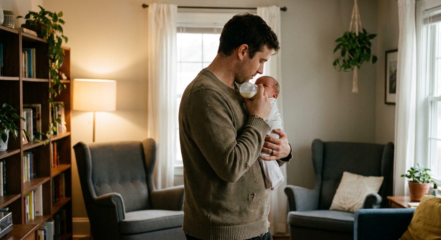 A photograph of a parent holding a newborn in an upright position while paced bottle-feeding in a softly lit living room