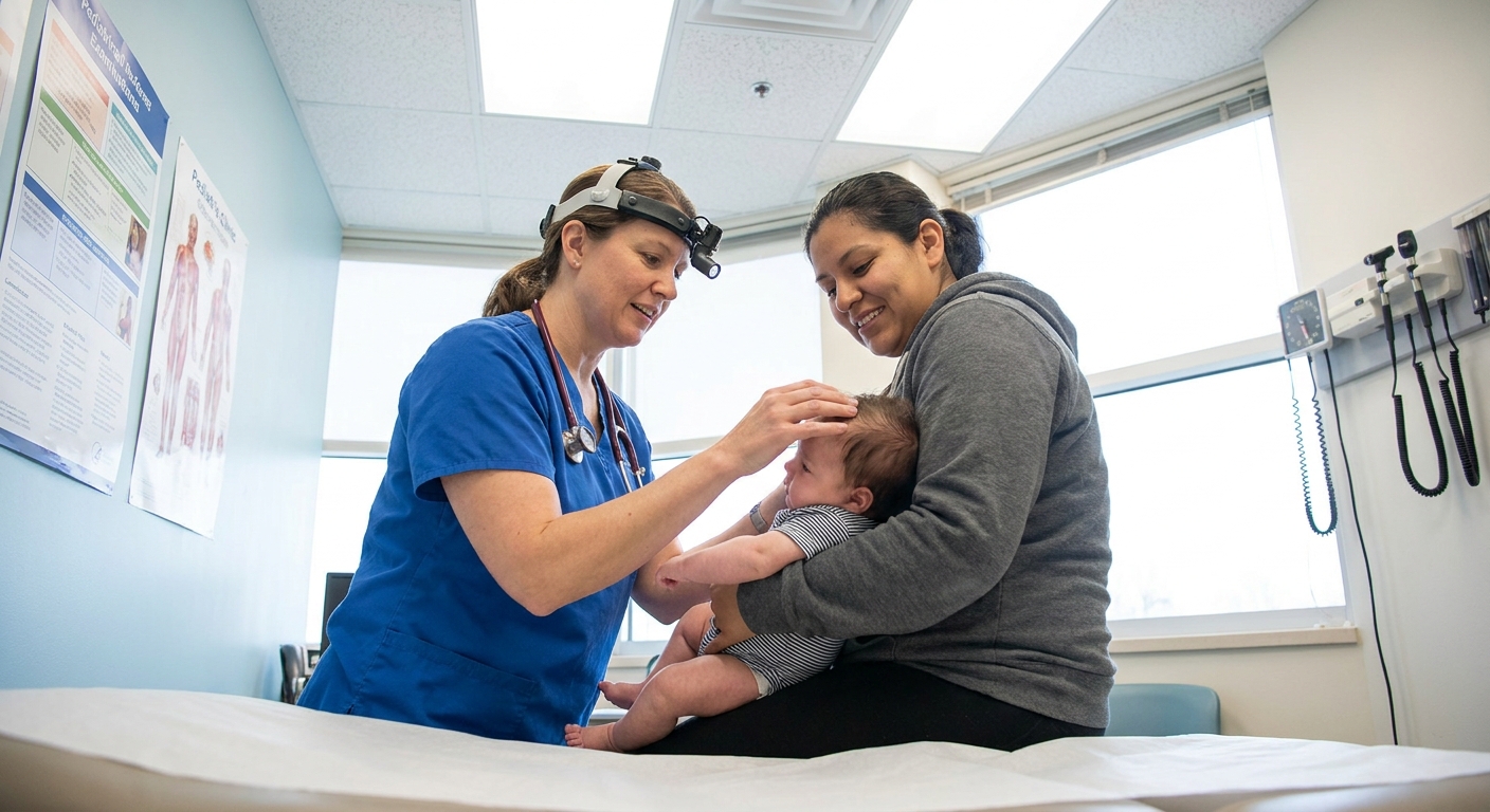 A photograph of a pediatrician gently examining an infant's scalp during a clinic visit, with the parent holding the baby, bright exam room lighting