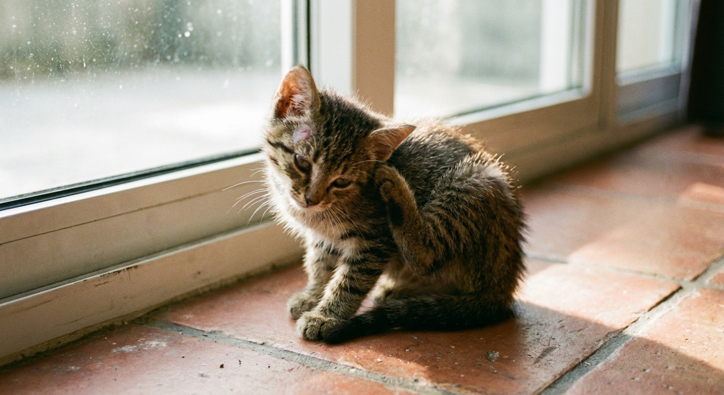 A photograph of a small kitten sitting on a tiled floor with a visible small patch of missing fur near one ear, photographed in natural window light