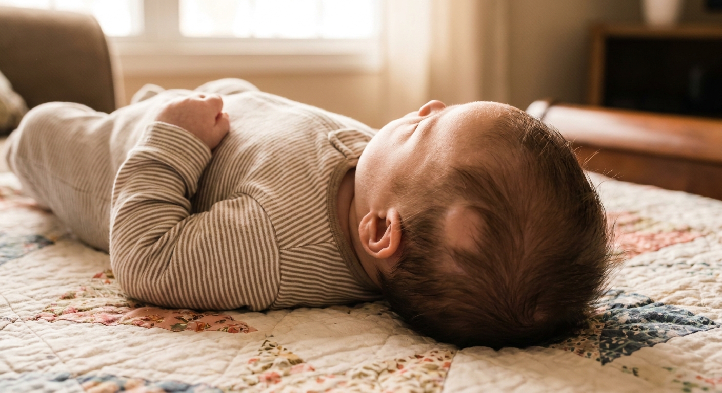 A photograph of an infant lying on their back with a small smooth bald spot visible on the back of the head, soft indoor lighting