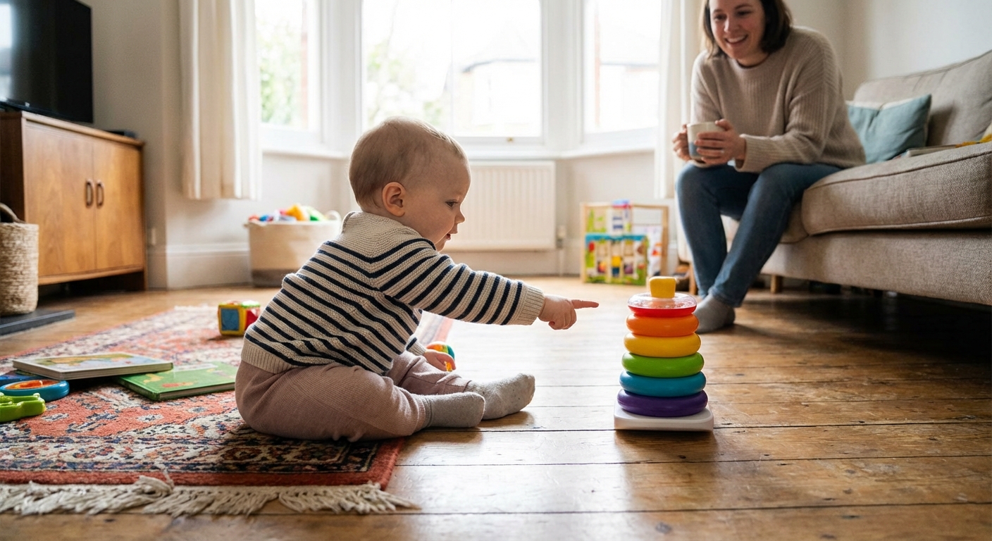 A photorealistic candid home photo of a baby around one year old sitting on a living room floor and pointing with one index finger toward a toy across the room while a parent sits nearby watching, natural window light
