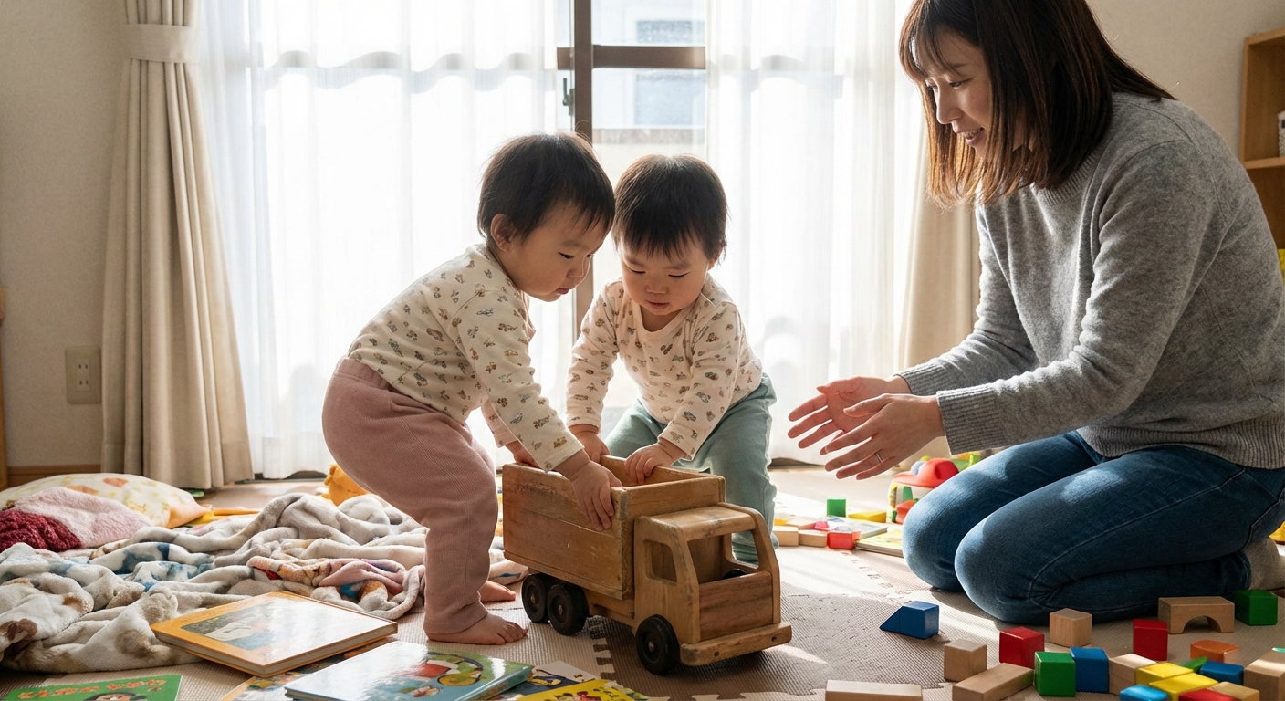 A photorealistic candid photo of two toddlers in a playroom reaching for the same toy while an adult kneels nearby ready to intervene calmly, soft natural light, everyday family photography style