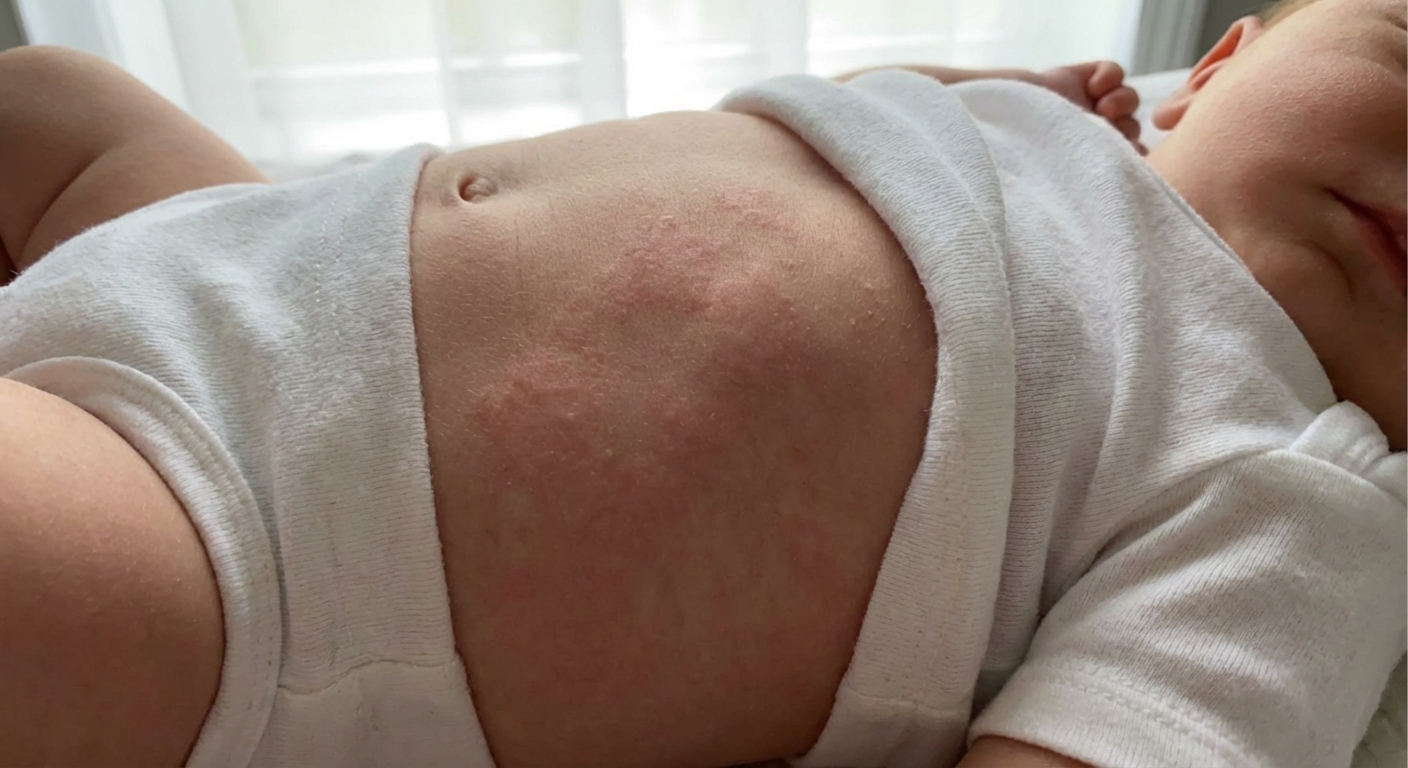 A photorealistic close-up of a baby’s torso with raised, pale-centered pink welts consistent with hives, soft natural light, realistic skin texture