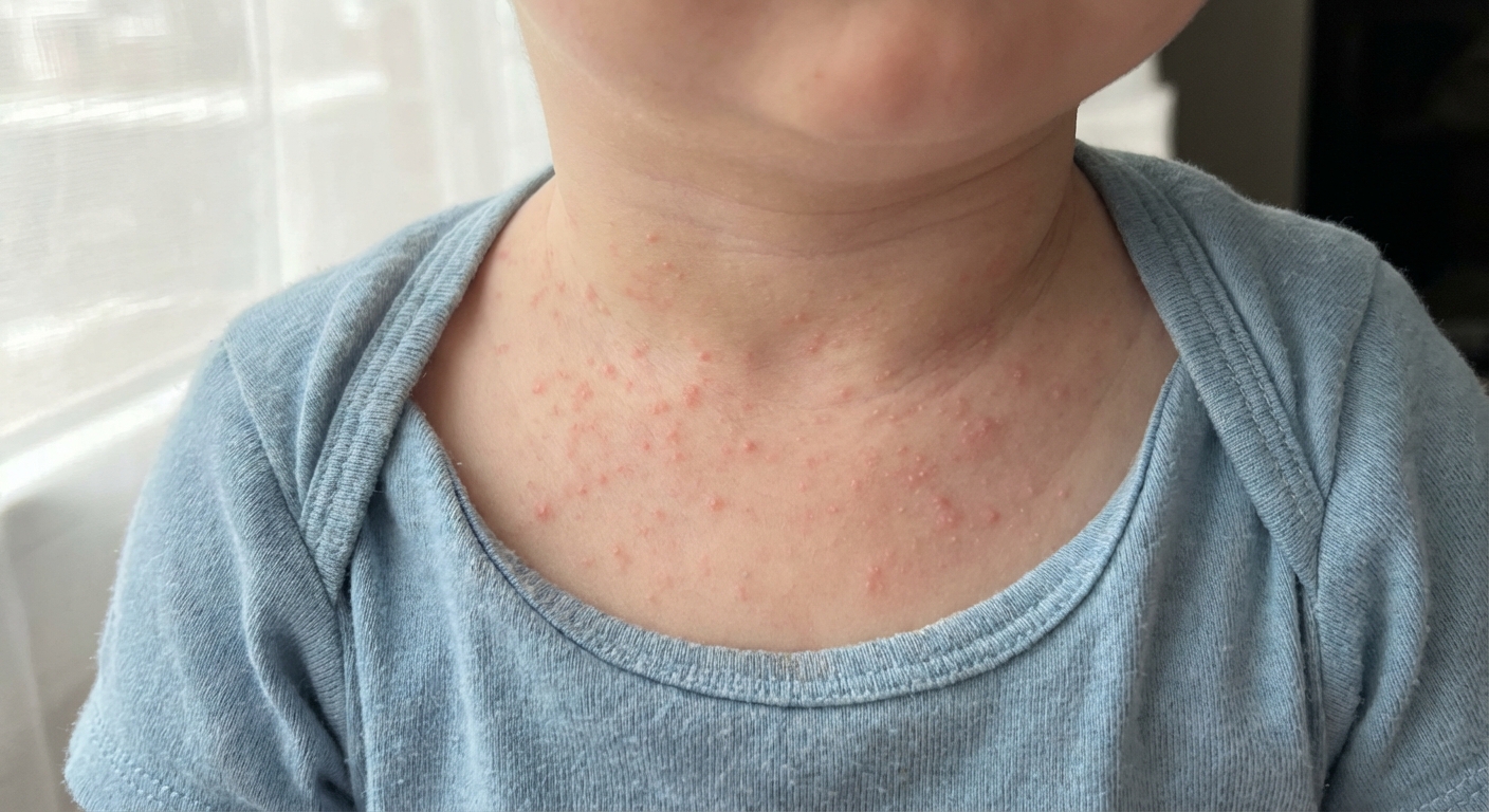 A photorealistic close-up of a baby’s upper chest and neck area showing tiny pink-red pinpoint bumps consistent with heat rash, soft daylight, natural skin texture visible
