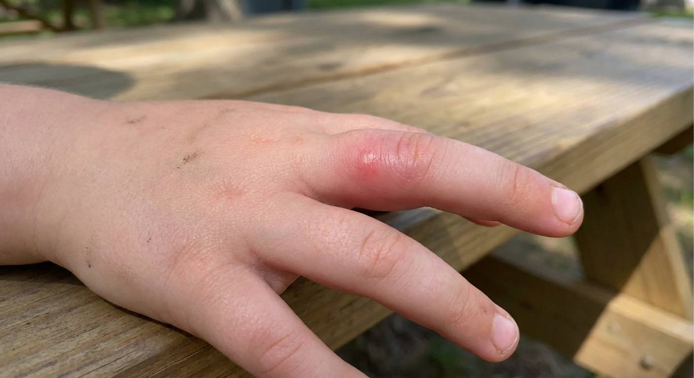 A photorealistic close-up of a child’s hand with a small round swollen area and redness from a bee sting, taken in natural daylight