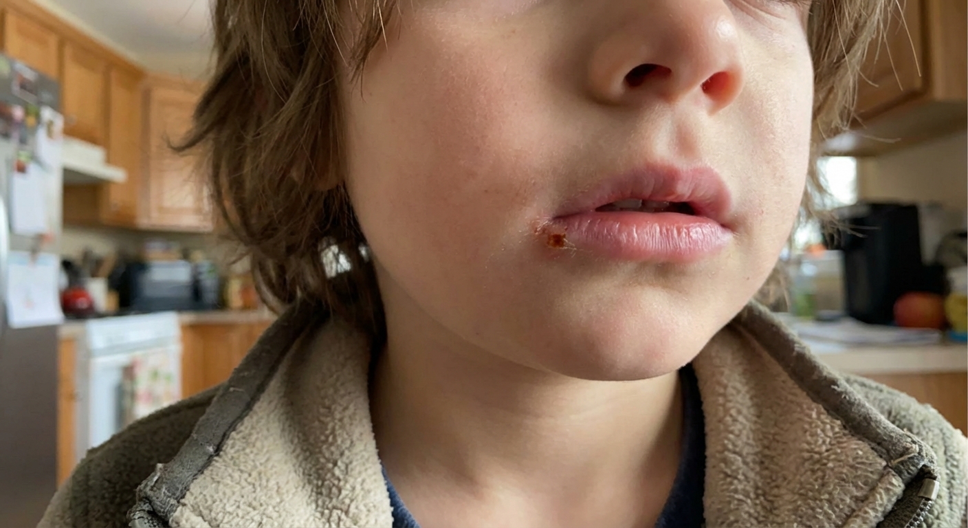 A photorealistic close-up of a child’s mouth with a small cold sore in the scab stage at the corner of the lip, natural daylight, shallow depth of field