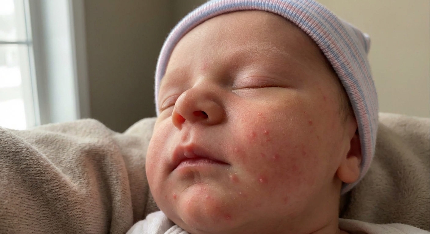 A photorealistic close-up of a newborn’s face with small red pimples on the cheeks and chin, soft window light, neutral background