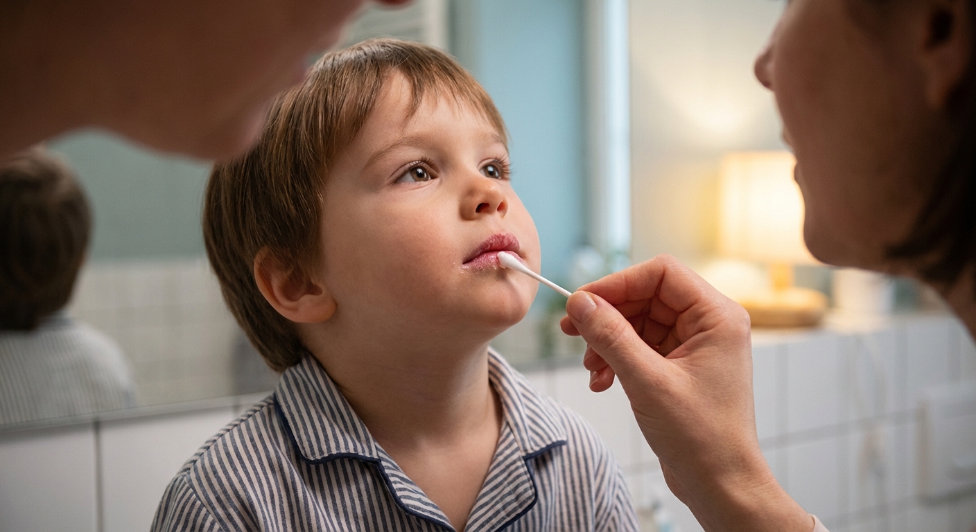 A photorealistic close-up of a parent applying a small amount of petroleum jelly to a child’s chapped lower lip using a clean cotton swab in soft bathroom lighting