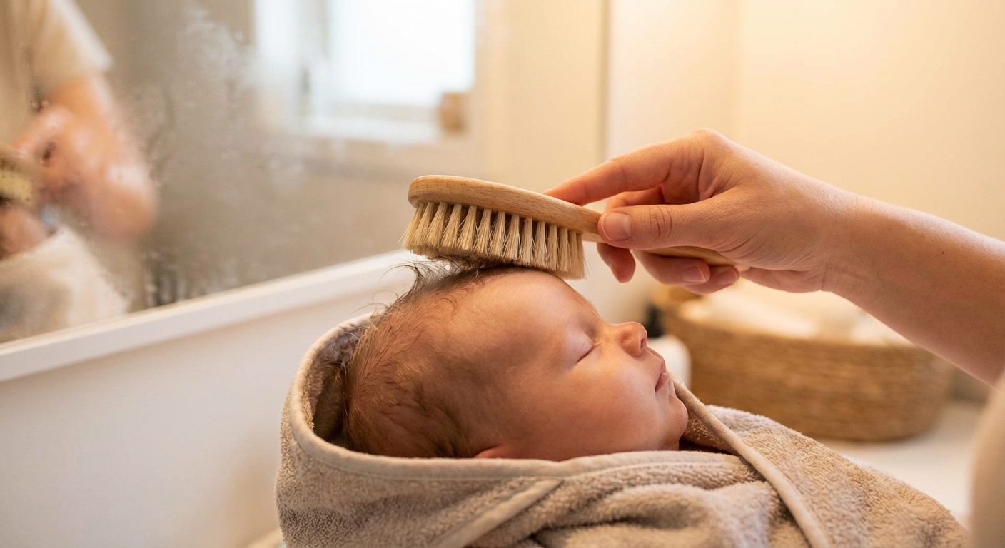 A photorealistic close-up of a parent gently brushing an infant's scalp with a soft baby brush in a warm bathroom setting