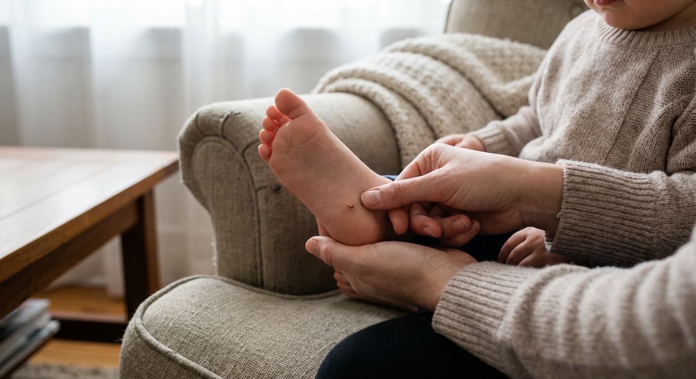 A photorealistic close-up of a parent’s hands gently holding a toddler’s bare foot on a couch while examining the sole near the heel for a tiny splinter, soft indoor lighting
