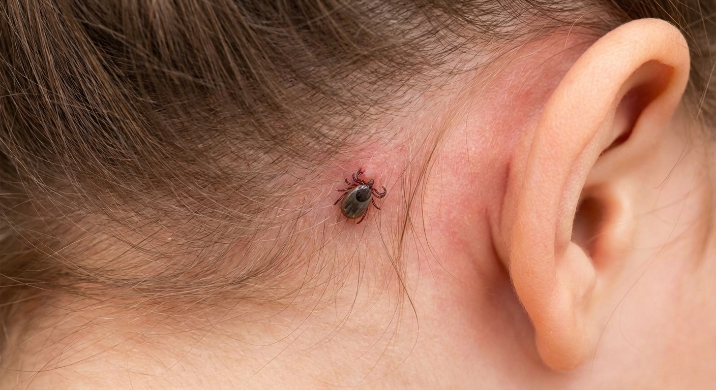 A photorealistic close-up of a tick attached to a child’s skin near the hairline, with the tick clearly visible and the surrounding skin slightly pink