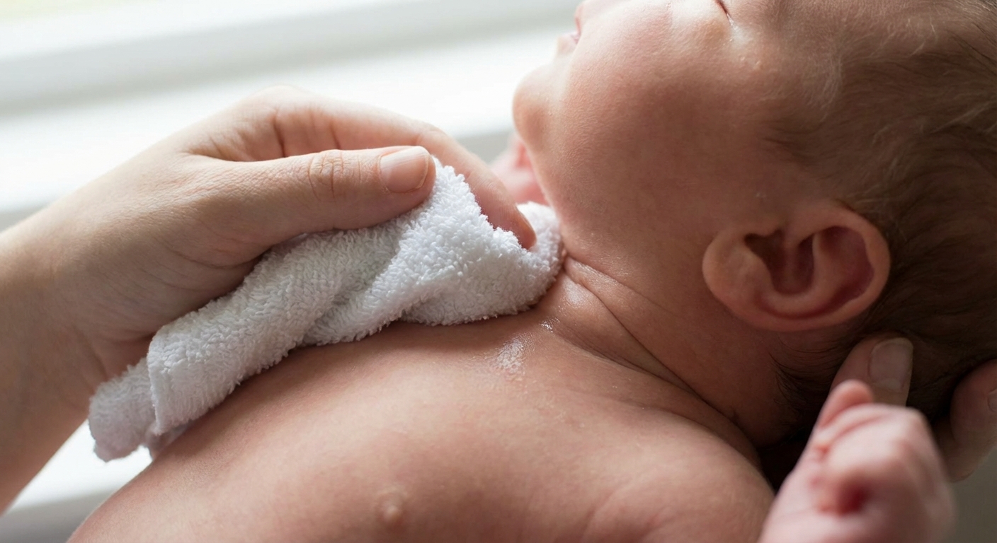 A photorealistic close-up of an infant's neck folds during gentle cleaning with a soft washcloth in natural light