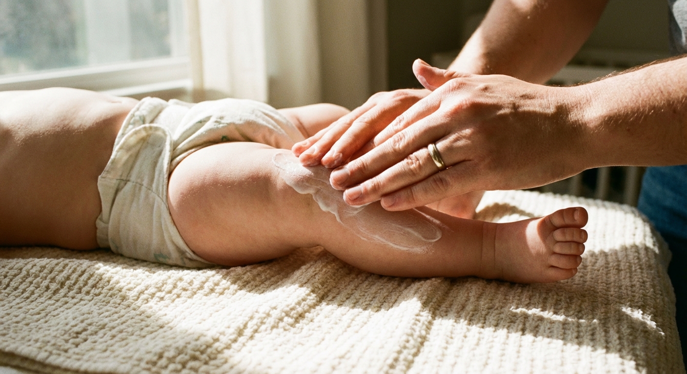A photorealistic close-up photograph of a parent gently applying fragrance-free cream to a baby’s lower leg, with the baby resting on a soft towel in warm natural light