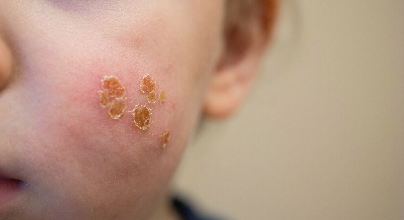 A photorealistic close-up photograph of a small patch of honey-colored crusted skin sores on a child’s cheek, natural light, neutral background, clinical but non-graphic