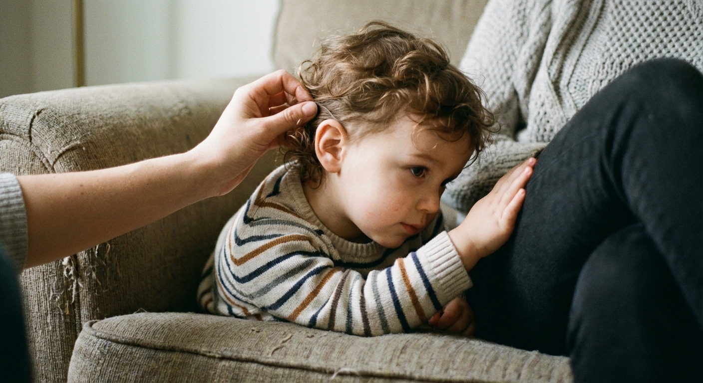 A photorealistic close-up photograph of a toddler sitting on a couch while a parent gently tucks hair behind the child’s ear, showing the area behind the ear in soft indoor light