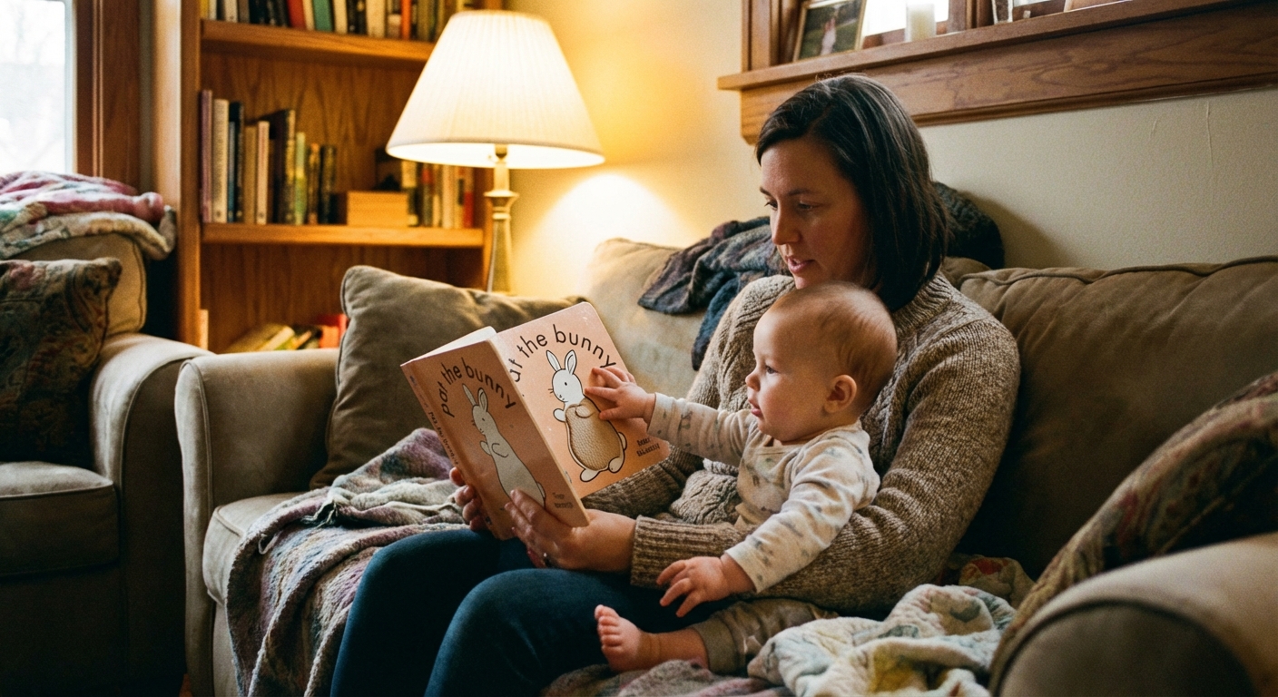 A photorealistic cozy indoor photo of a parent sitting on a couch reading a board book with a baby on their lap, the baby reaching and beginning to point at a picture on the page, soft warm lamp light