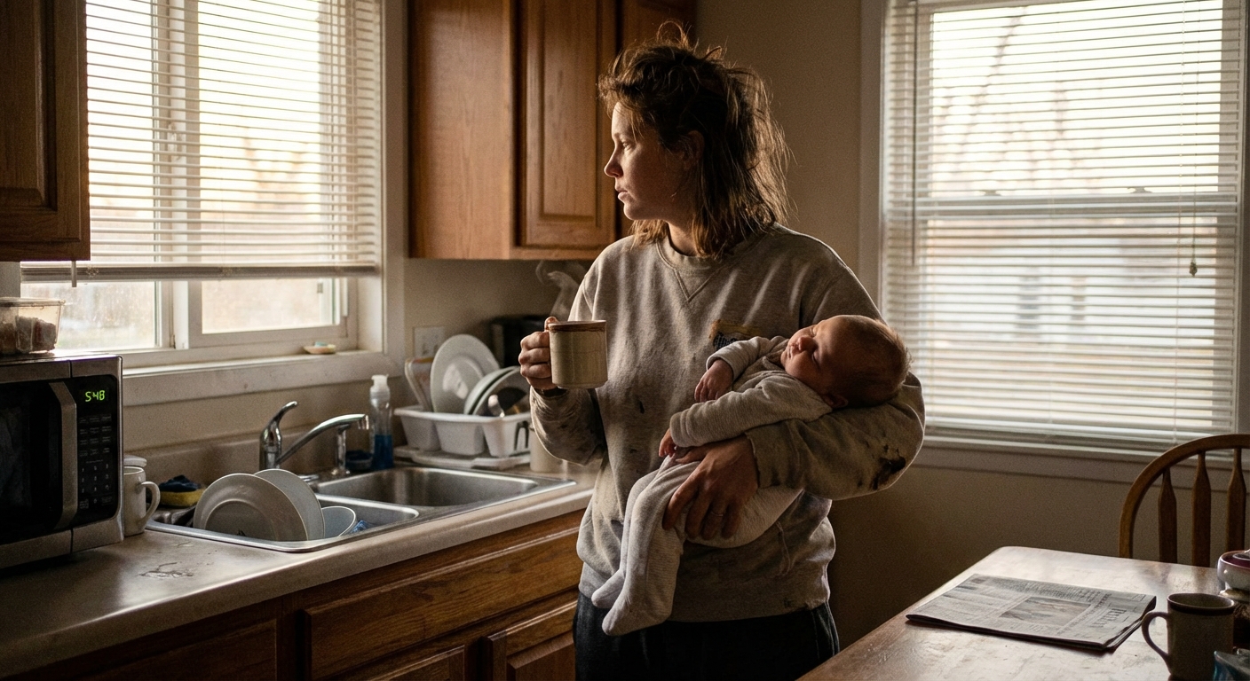 A photorealistic early-morning kitchen scene with a tired parent holding a sleepy baby on their hip while holding a mug of coffee in the other hand, soft natural dawn light through a window, candid home photography